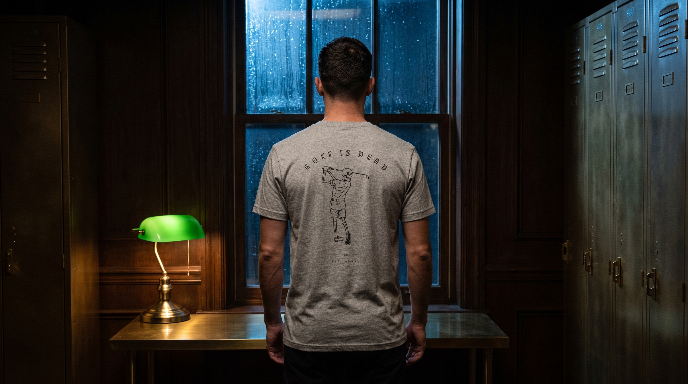 Bones Tee — after-hours locker room, back print at rain window